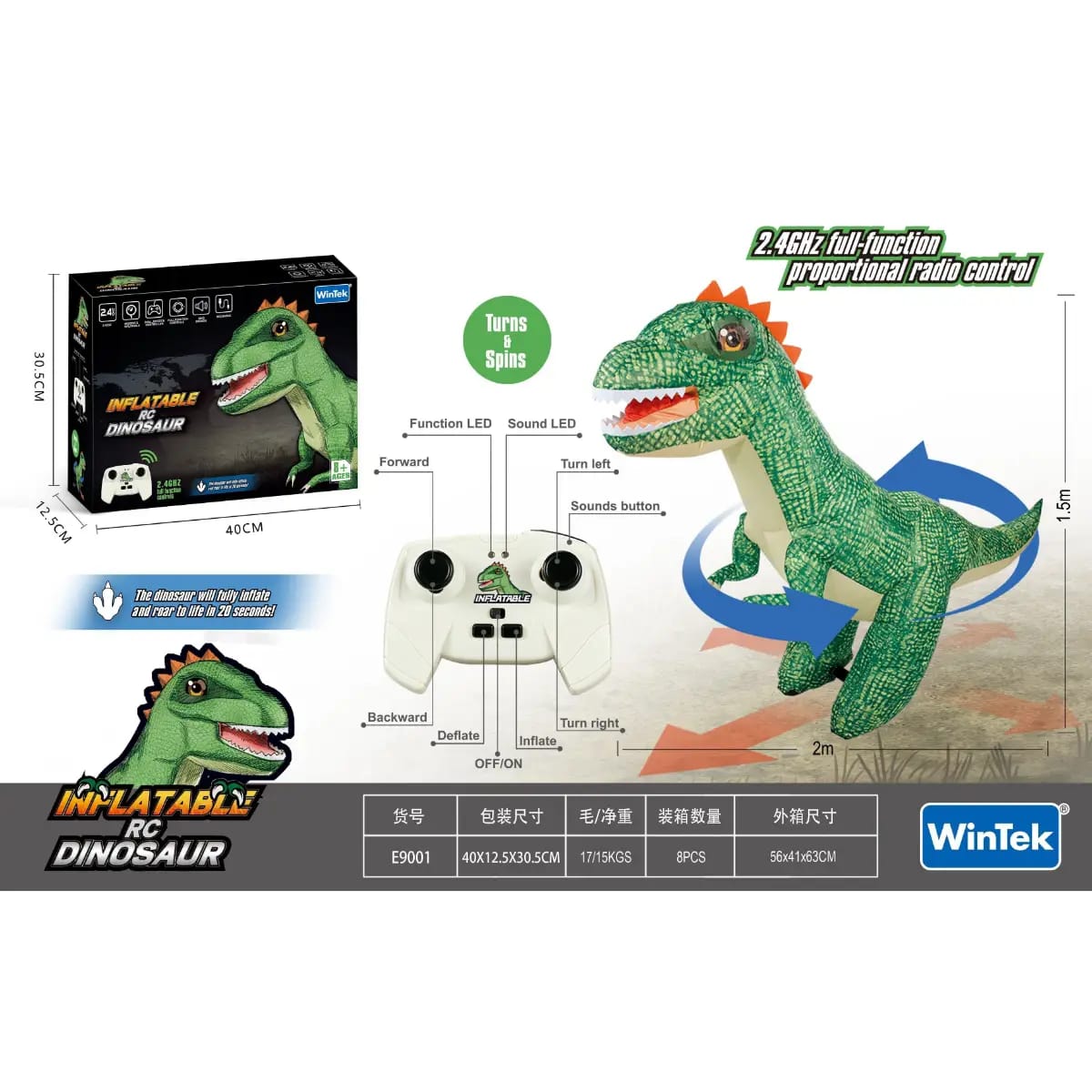 Dinosaurio Inflable Control Remoto 150cm Carga Usb