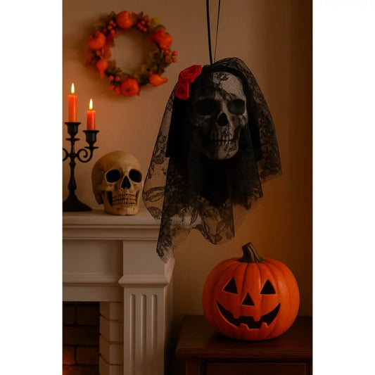 Cabeza Calavera Con Velo de Encaje Negro Deco Halloween