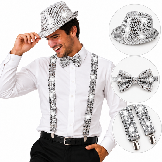 Set Sombrero Moño Tiradores De Lentejuelas Fiestas