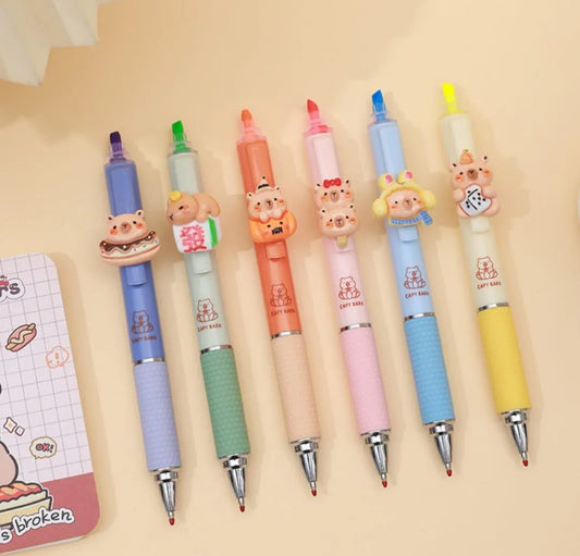 Lapicera Capibara 2 En 1 Con Resaltador Pack X6