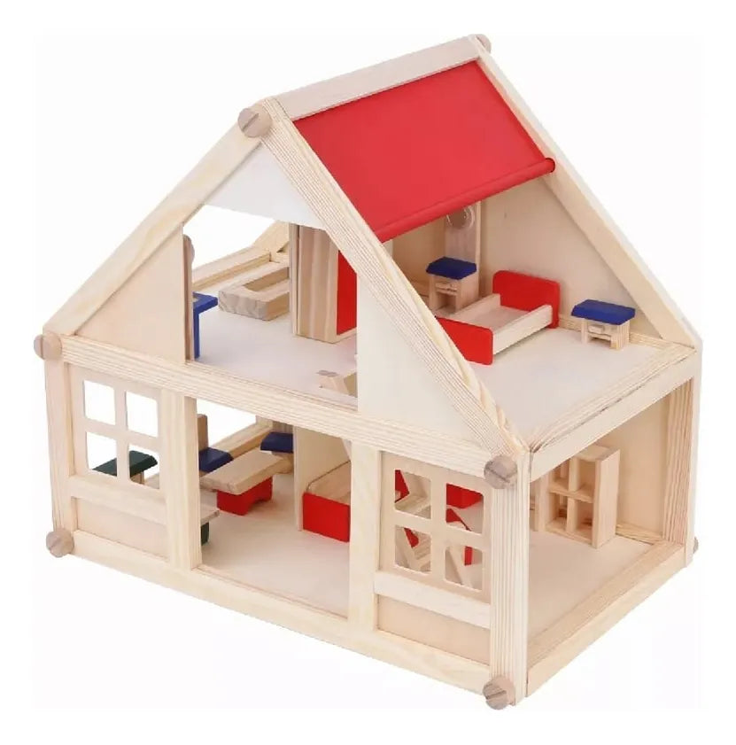 Casa De Muñecas En Madera Con 17 Muebles 40x26 Cm