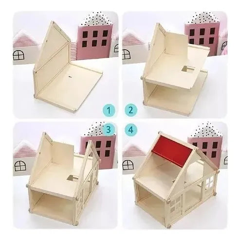 Casa De Muñecas En Madera Con 17 Muebles 40x26 Cm