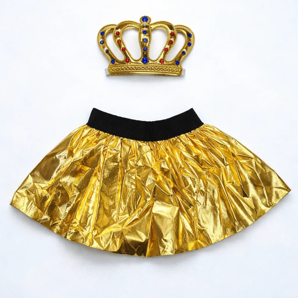 Disfraz De Reina Con Pollera Dorada Y Corona Niña