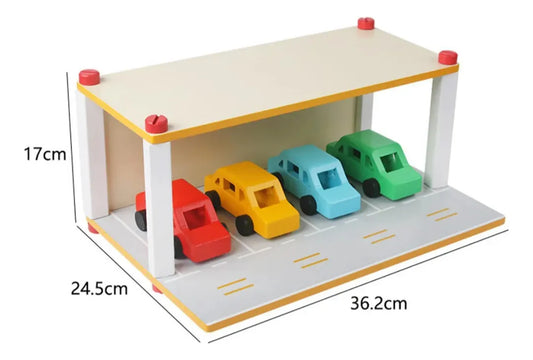 Estacionamiento Garage En Madera 4 Autos Coloridos