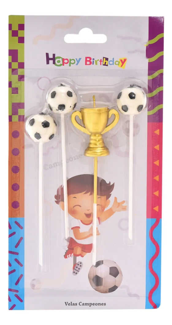 Set Velas De Fútbol X3 Y Copa Decorativa