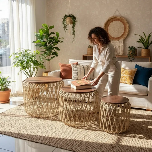 Set X3 Mesas Ratonas Tejidas Metal Madera Artesanal