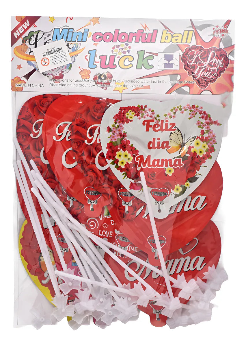 Set De 12 Globos Feliz Día Mamá Con Palito 14cm