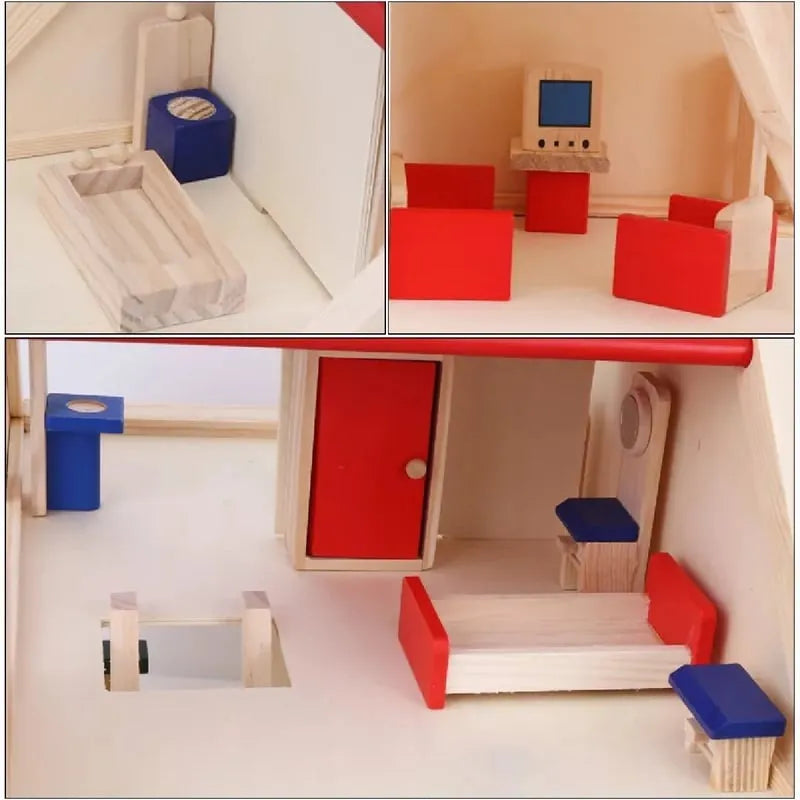Casa De Muñecas En Madera Con 17 Muebles 40x26 Cm