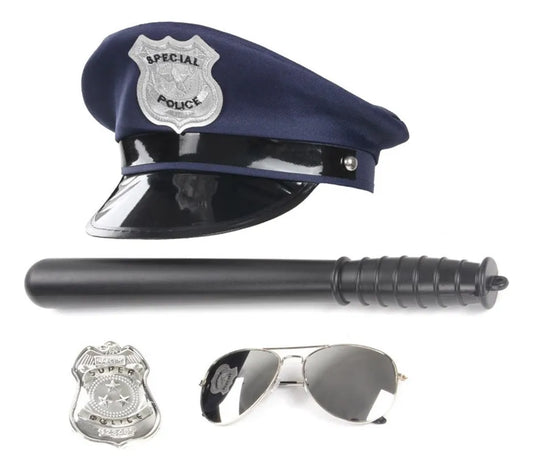 Set Policía Disfraz 4pcs Gorro Palo Lentes Placa