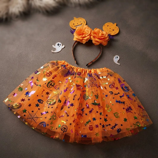 Set Tutu Y Tiara Con Calabaza Disfraz Halloween