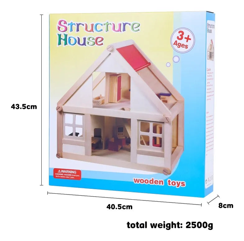 Casa De Muñecas En Madera Con 17 Muebles 40x26 Cm