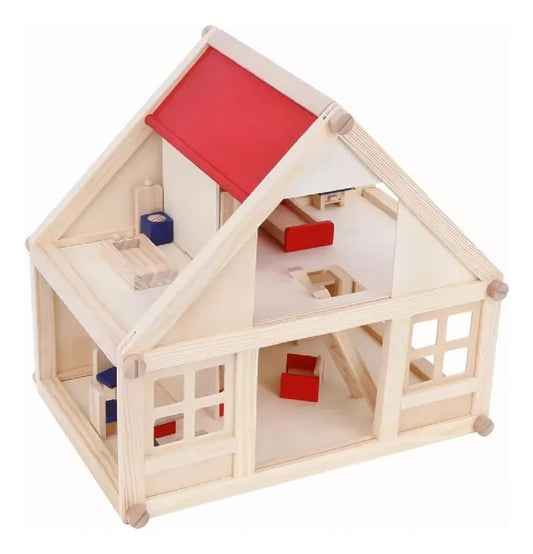 Casa De Muñecas En Madera Con 17 Muebles 40x26 Cm