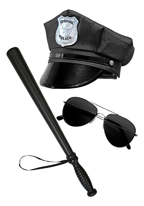 Set Policía Disfraz 4pcs Gorro Palo Lentes Placa