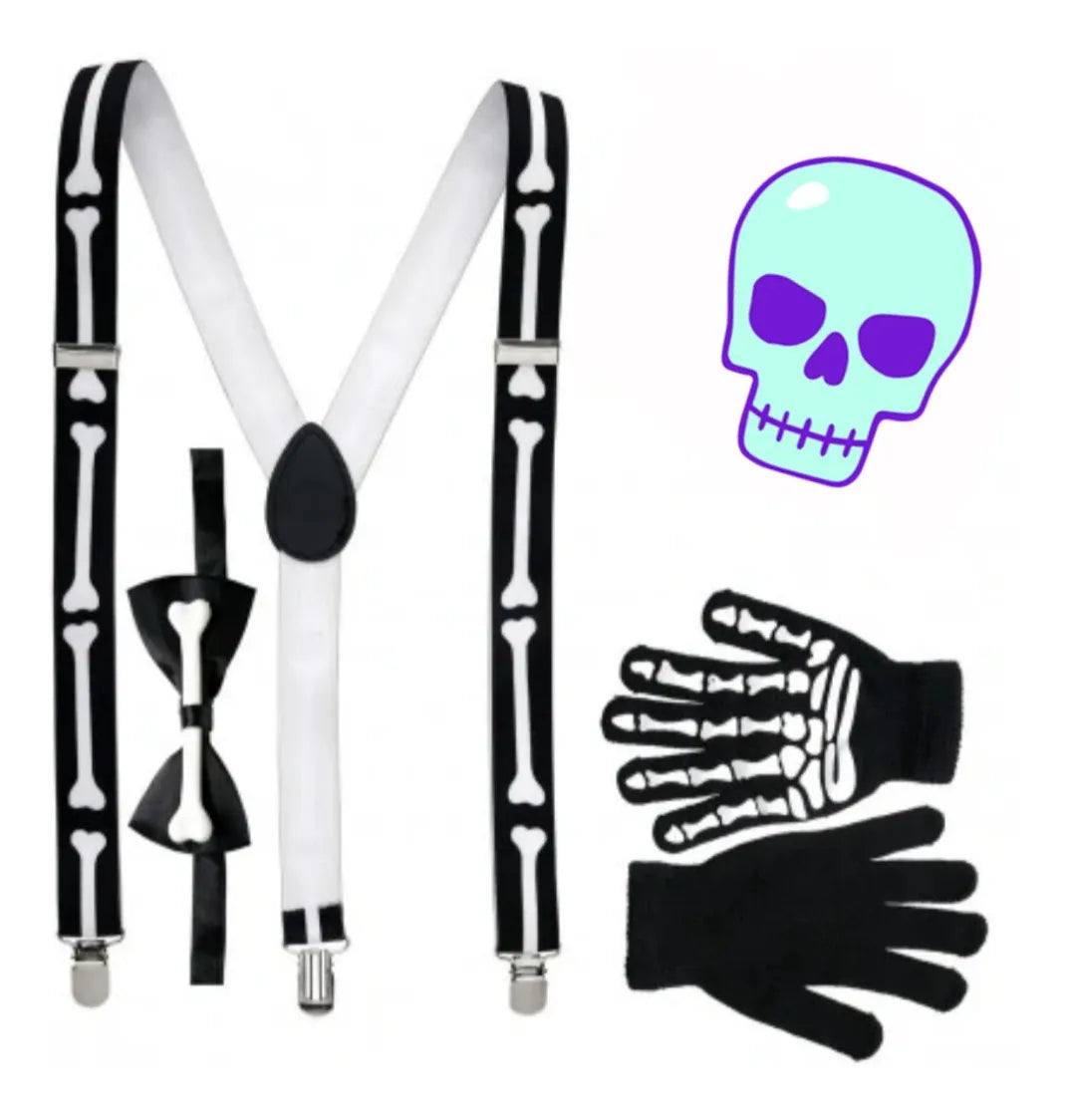 Set Tiradores Guantes Y Corbata Esqueleto Halloween