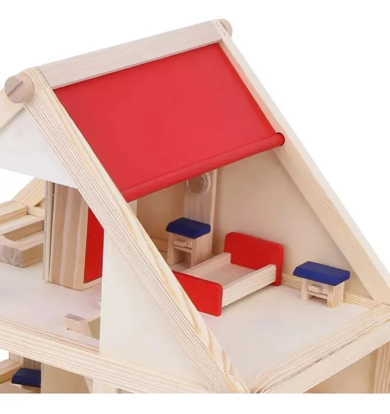 Casa De Muñecas En Madera Con 17 Muebles 40x26 Cm