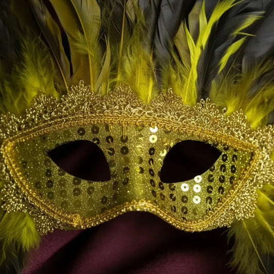 Antifaz Máscara Con Plumas Grandes Negras Y Doradas