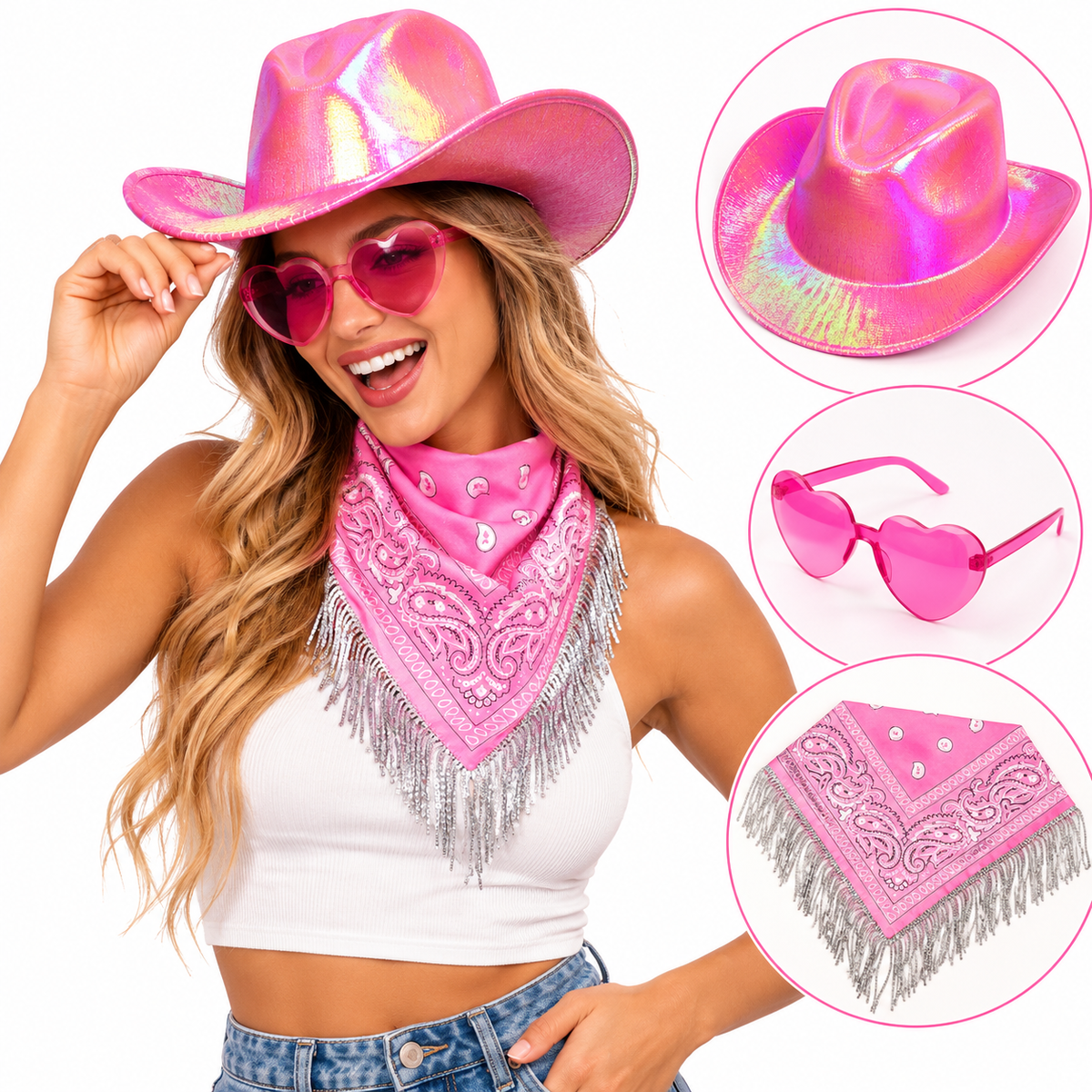 Set Gorro Cowboy Pañuelo Y Lentes Rosa