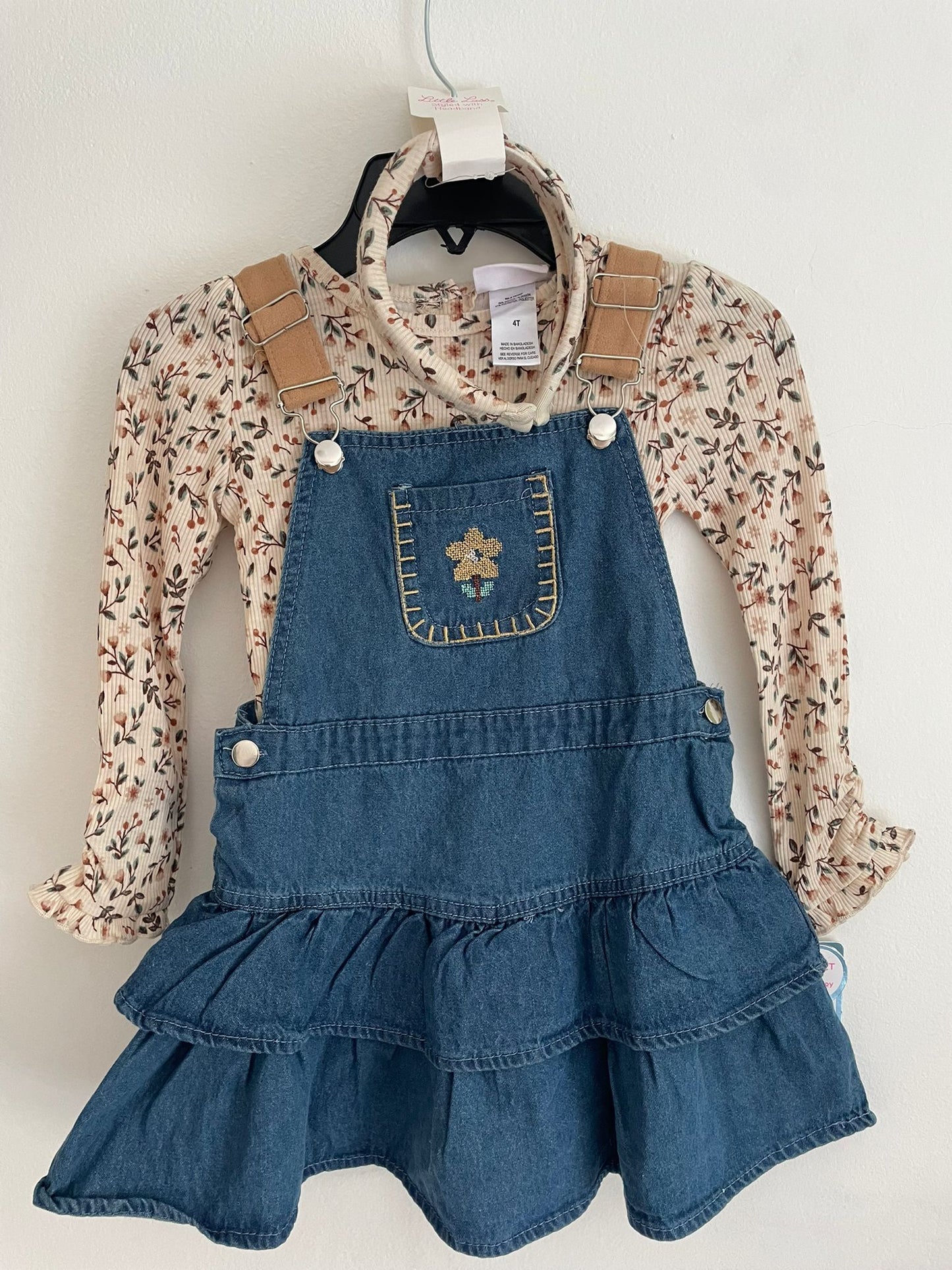 Conjunto Jumper de jean con remera y vincha niña talle 4