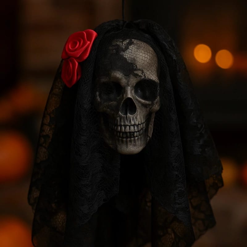 Cabeza Calavera Con Velo de Encaje Negro Deco Halloween