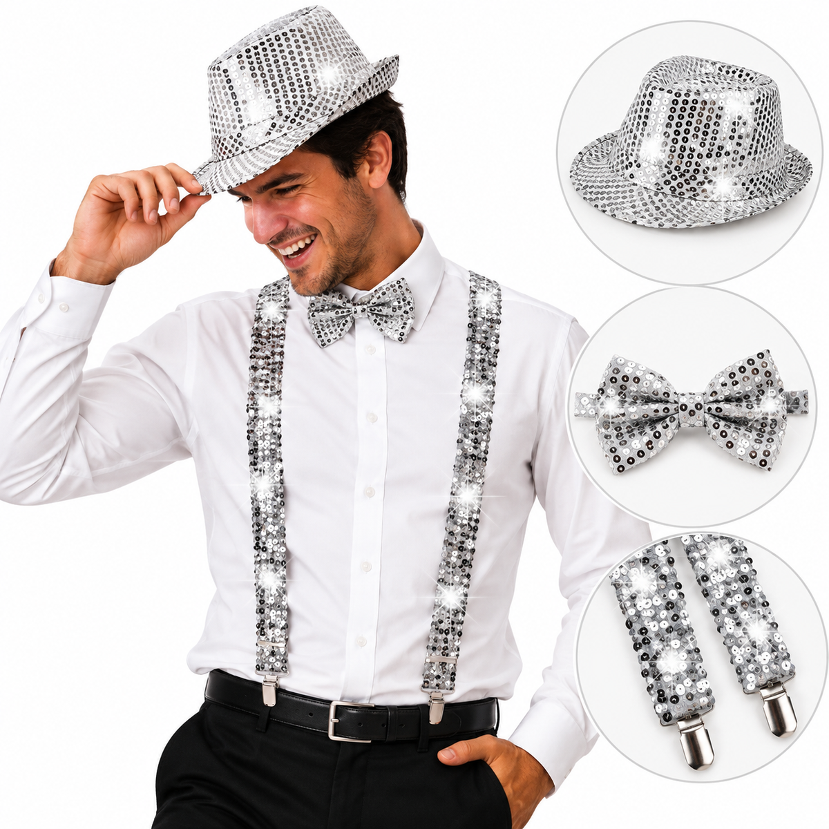 Set Sombrero Moño Tiradores De Lentejuelas Fiestas