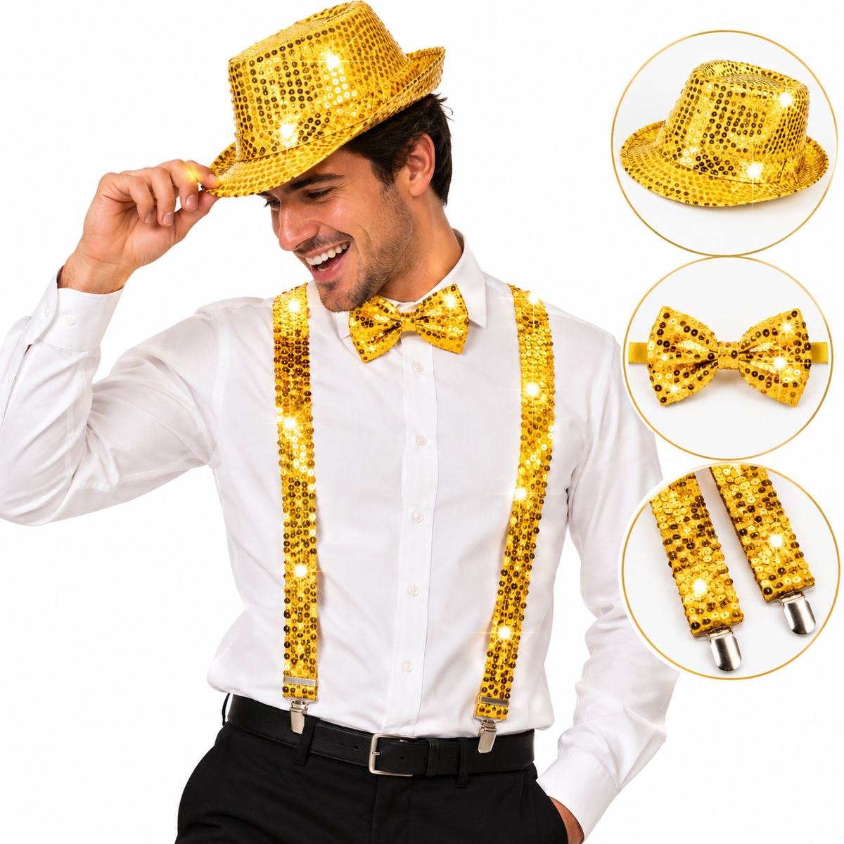 Set Sombrero Moño Tiradores De Lentejuelas Fiestas