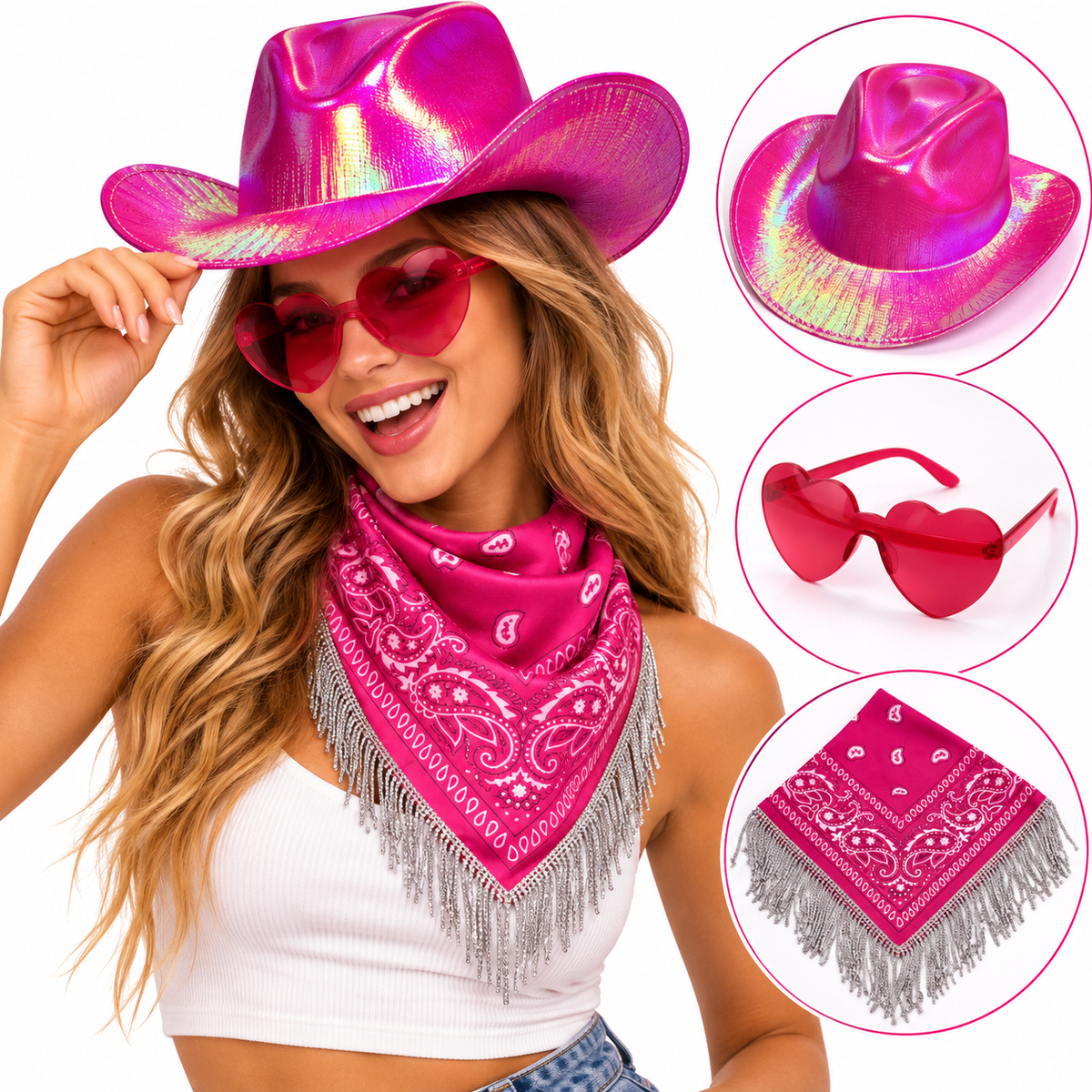 Set Gorro Cowboy Pañuelo Y Lentes Rosa