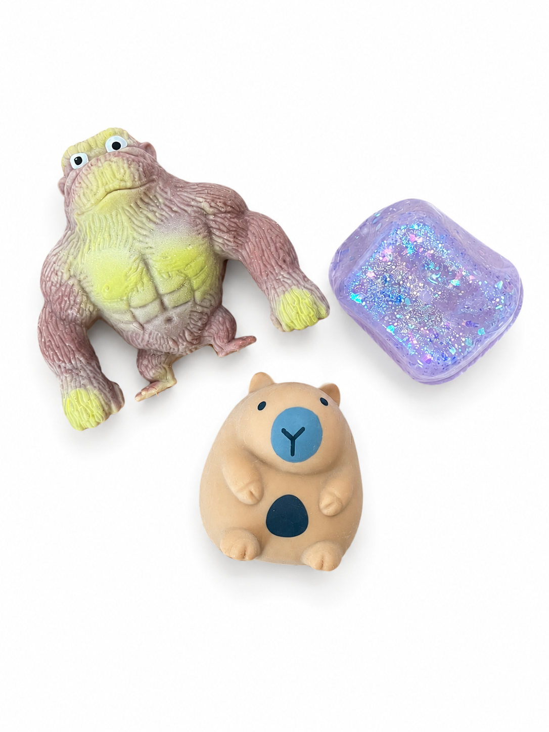 Pack 3 Squishys Gorila Capibara Y Cubo Antiestres