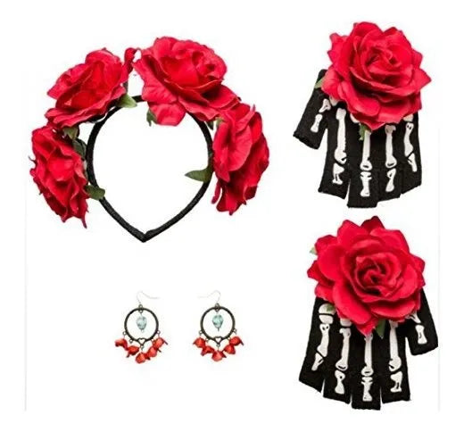 Set La Catrina Tiara Guantes Y Aros