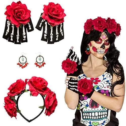 Set La Catrina Tiara Guantes Y Aros