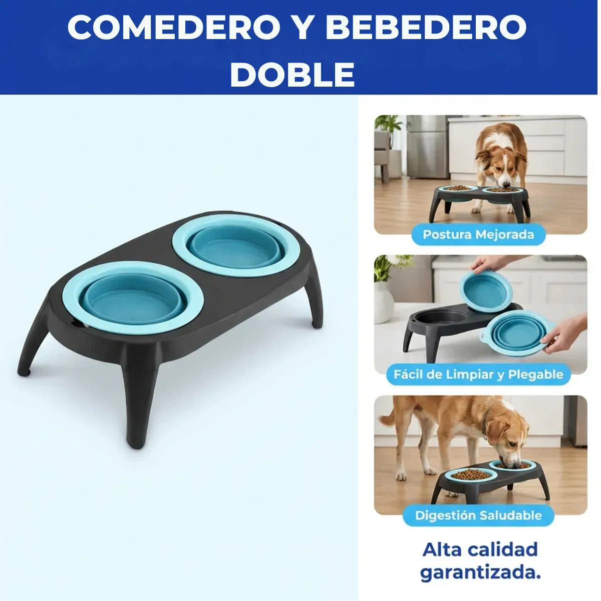 Comedero Doble Alto Elevado Para Mascotas Plegable