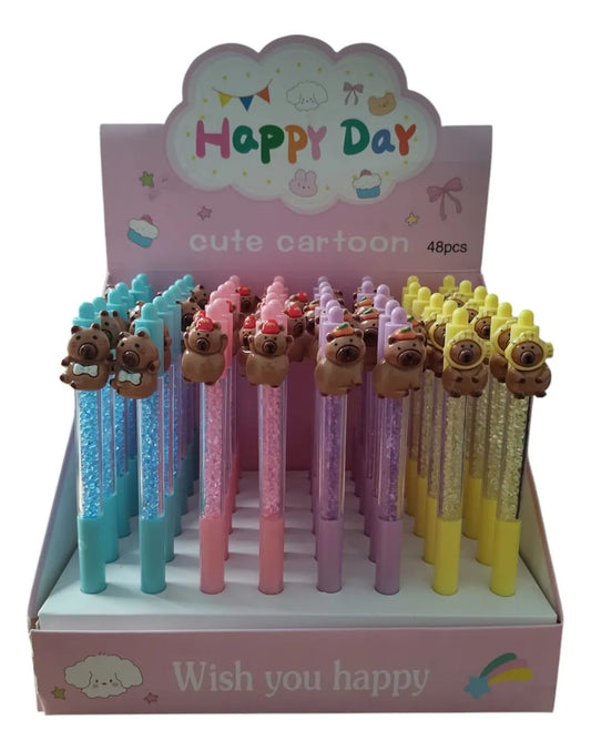 Lapiceras De Capibara Con Piedritas Pack X6