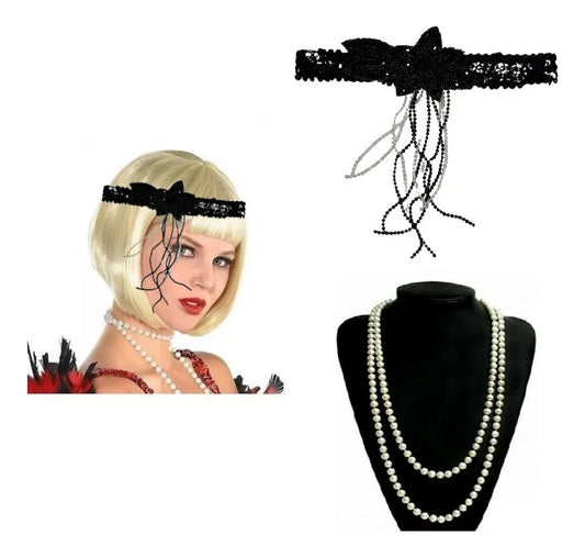 Set Charleston Vincha Y Collar De Perlas