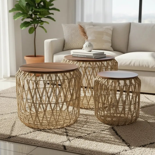 Set X3 Mesas Ratonas Tejidas Metal Madera Artesanal