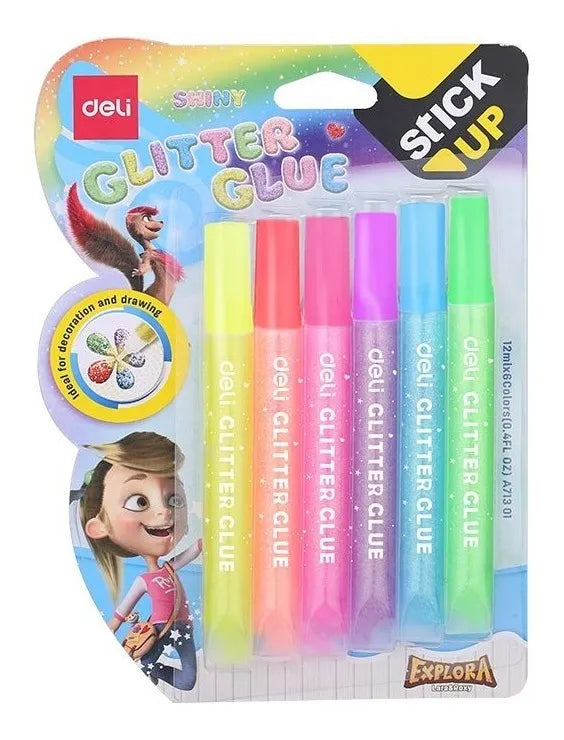 Goma Adhesivo Glitter Deli 12ml 6 Colores Neon