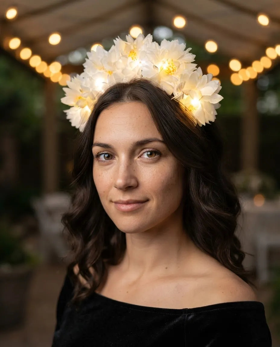 Vincha De Flores Blancas Con Luces Led