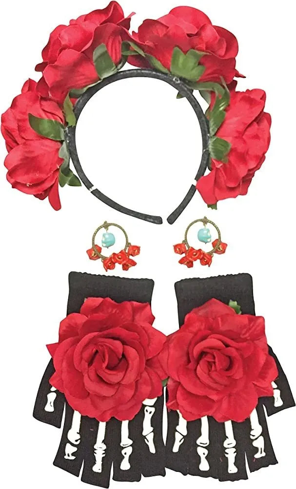 Set La Catrina Tiara Guantes Y Aros