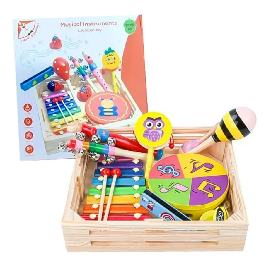 Set De 9 Instrumentos Musicales En Caja De Madera