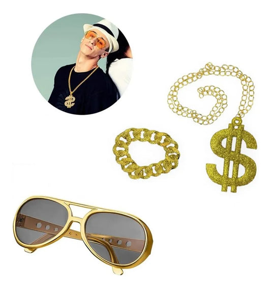 Set Rapero Cadena Pulsera Lentes Cosplay Disfraz