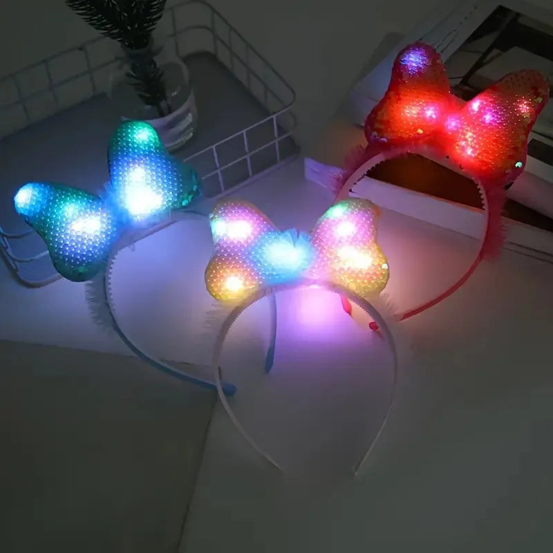 Vincha Diadema Lentejuelas Con Moño Y Luz Pack X6