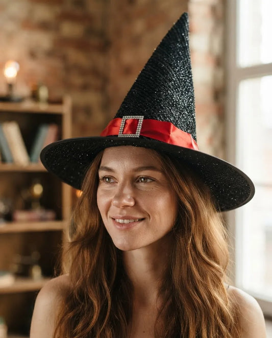 Sombrero De Bruja Negro Brillante con Cinta Halloween