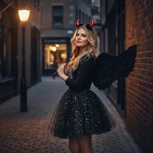 Kit Disfraz Diabla Negro Halloween Alas Tutú Vincha