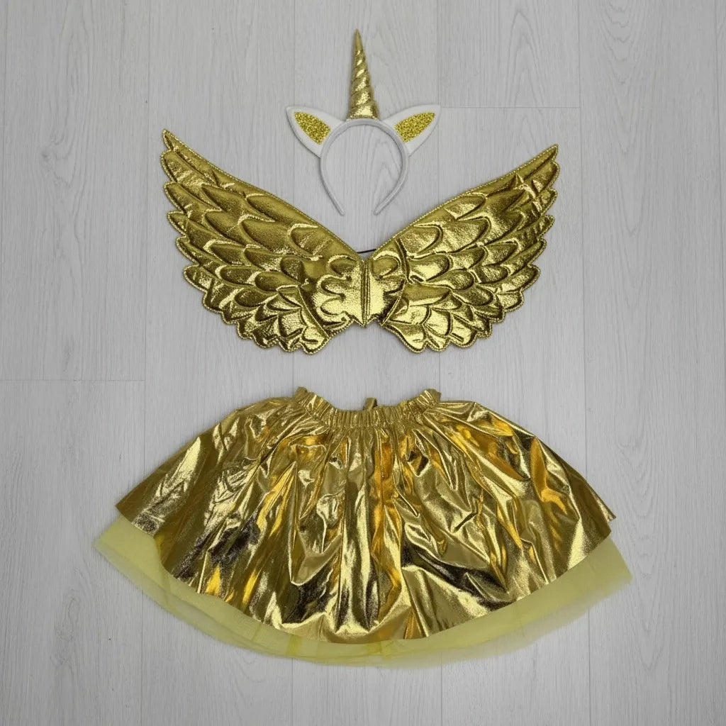 Disfraz Unicornio Dorado Set Alas Vincha Y Pollera