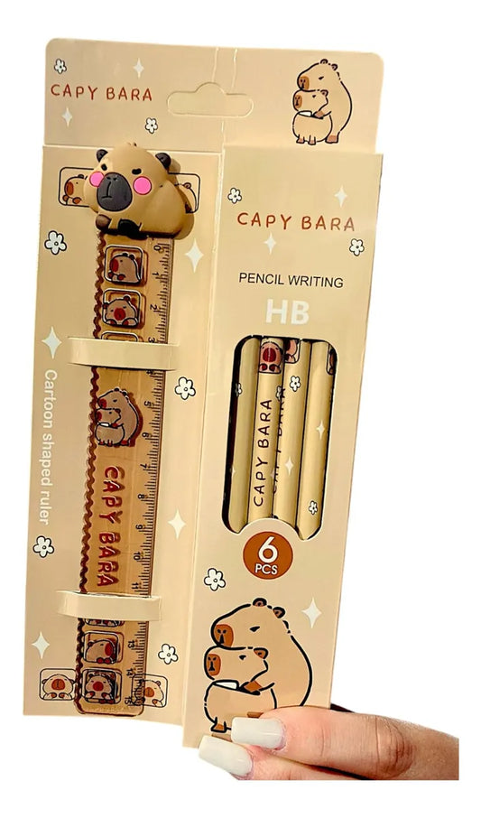 Set Escolar Capibara 6 Lápices Y Regla