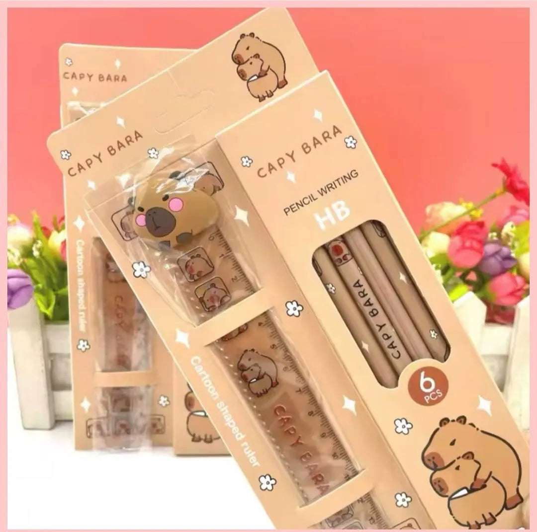 Set Escolar Capibara 6 Lápices Y Regla