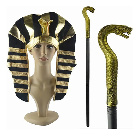 Set Rey Egipcio Faraón Bastón Gorra Disfraz Dorado