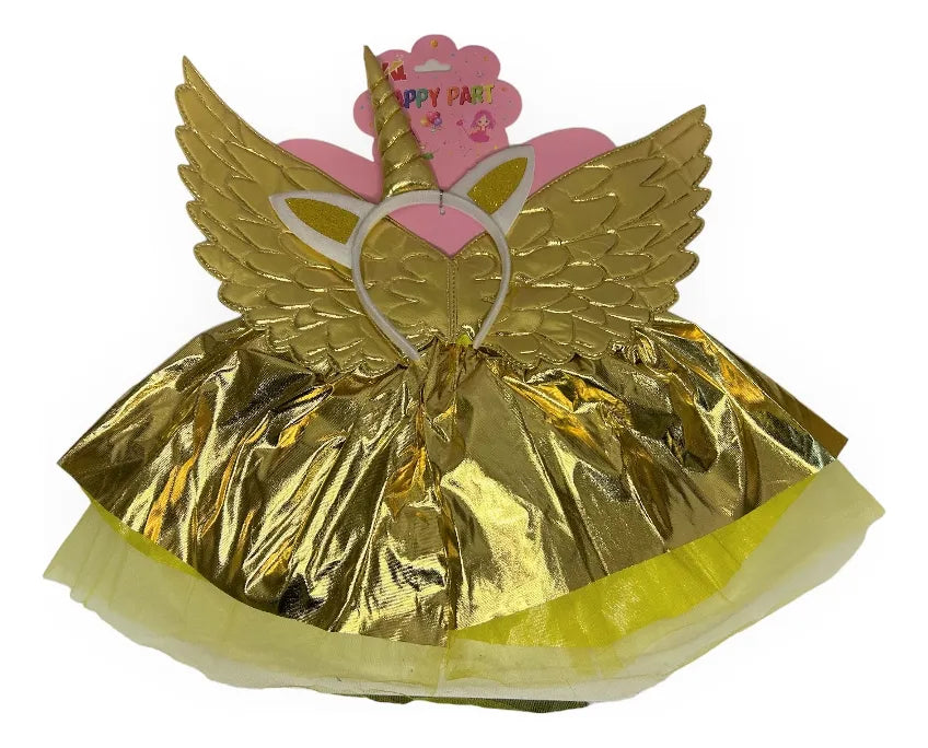 Disfraz Unicornio Dorado Set Alas Vincha Y Pollera