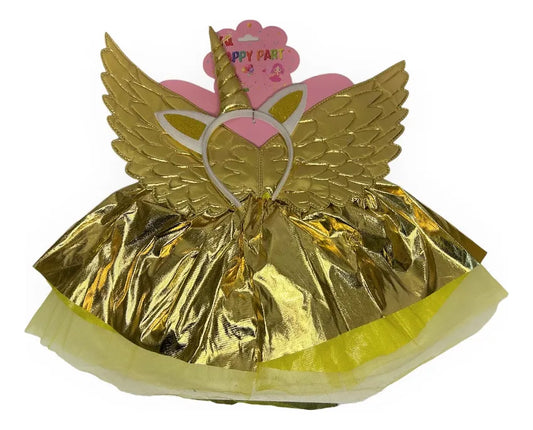 Disfraz Unicornio Dorado Set Alas Vincha Y Pollera