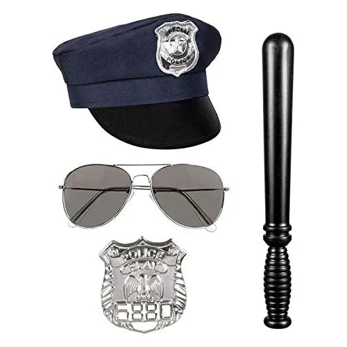 Set Policía Disfraz 4pcs Gorro Palo Lentes Placa