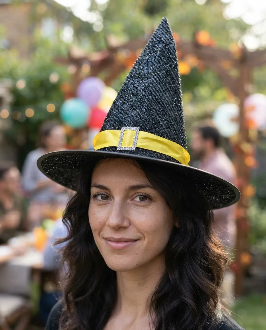 Sombrero De Bruja Negro Brillante con Cinta Halloween