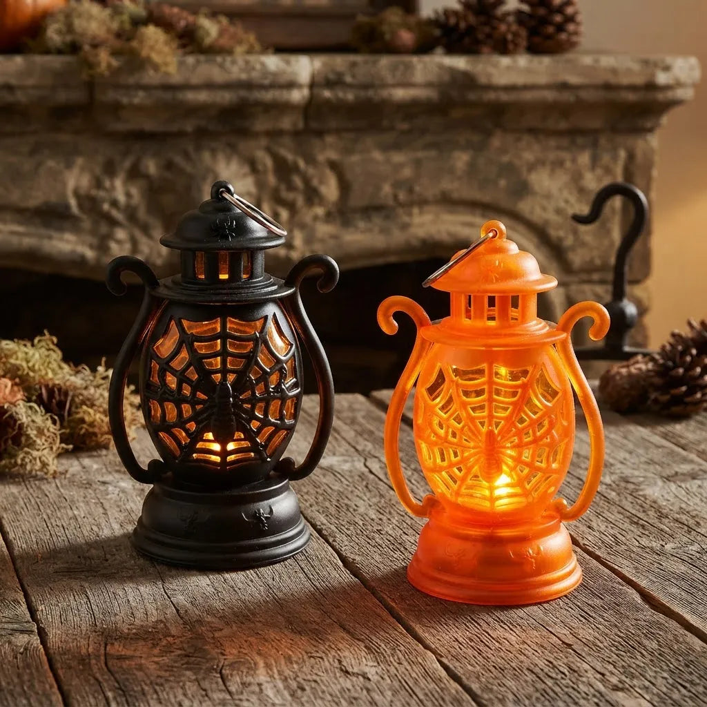 Farol Halloween con Telaraña Y Araña Negro O Naranja
